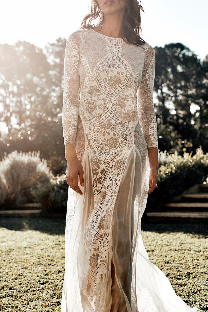 Vestidos dulces de encaje liso con espalda descubierta y cuello redondo