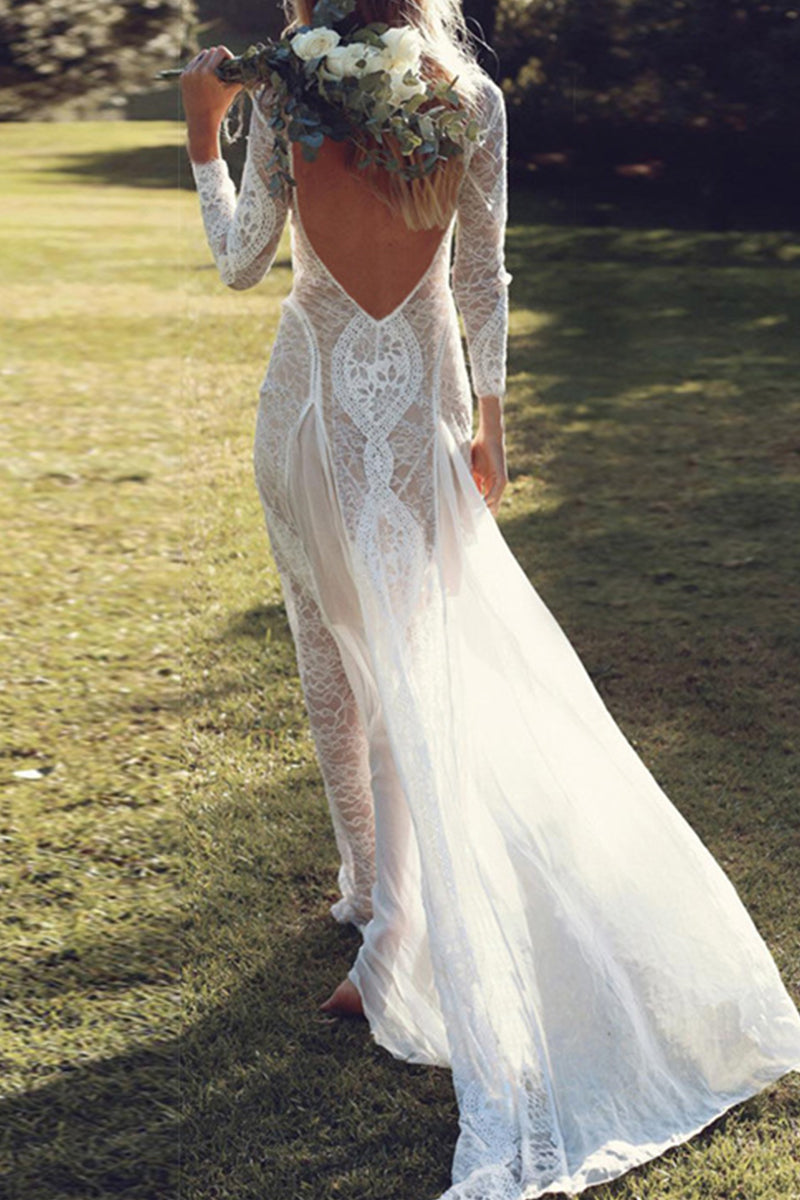 Vestidos dulces de encaje liso con espalda descubierta y cuello redondo