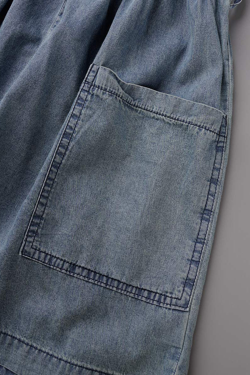 Mono vaquero holgado de cintura alta y manga corta con cuello en V de estilo urbano y estampado sólido