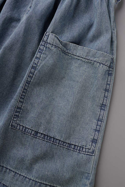 Mono vaquero holgado de cintura alta y manga corta con cuello en V de estilo urbano y estampado sólido