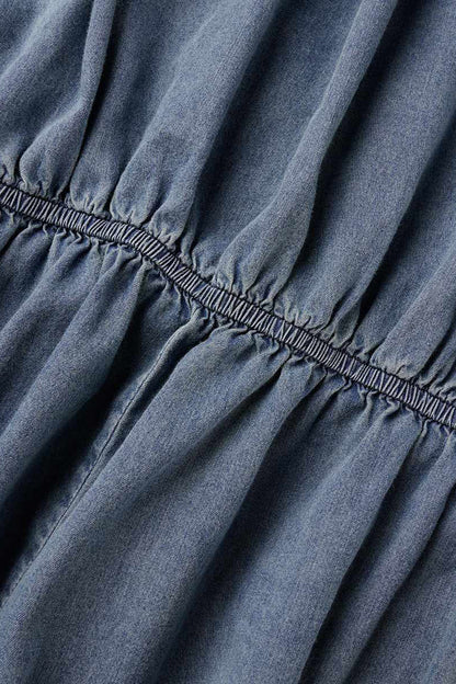 Mono vaquero holgado de cintura alta y manga corta con cuello en V de estilo urbano y estampado sólido