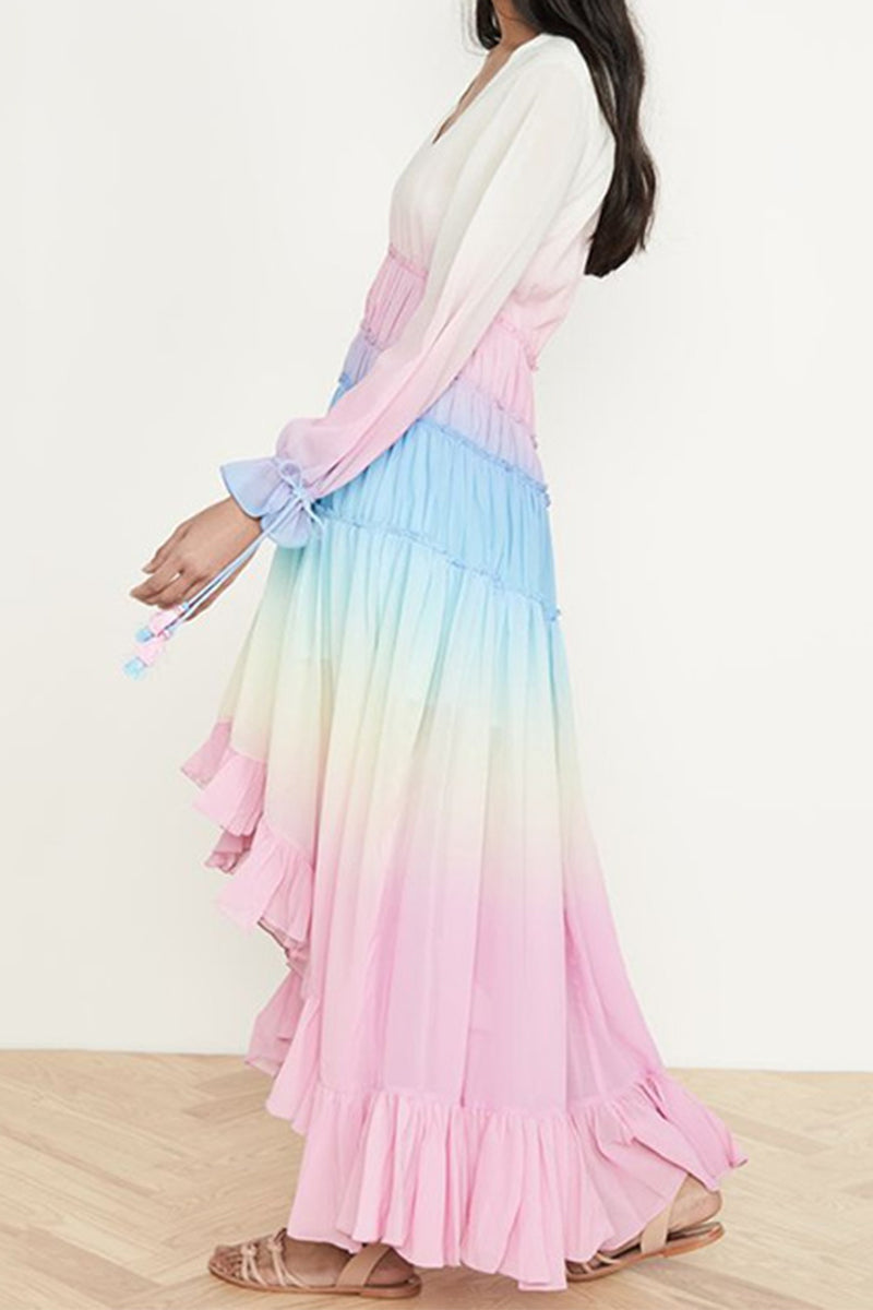 Elegante vestido estampado con cuello en V y frenillo de patchwork con cambio gradual