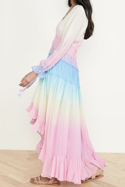 Elegante vestido estampado con cuello en V y frenillo de patchwork con cambio gradual