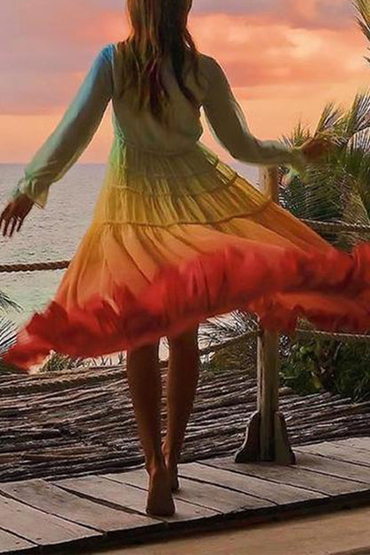 Elegante vestido estampado con cuello en V y frenillo de patchwork con cambio gradual