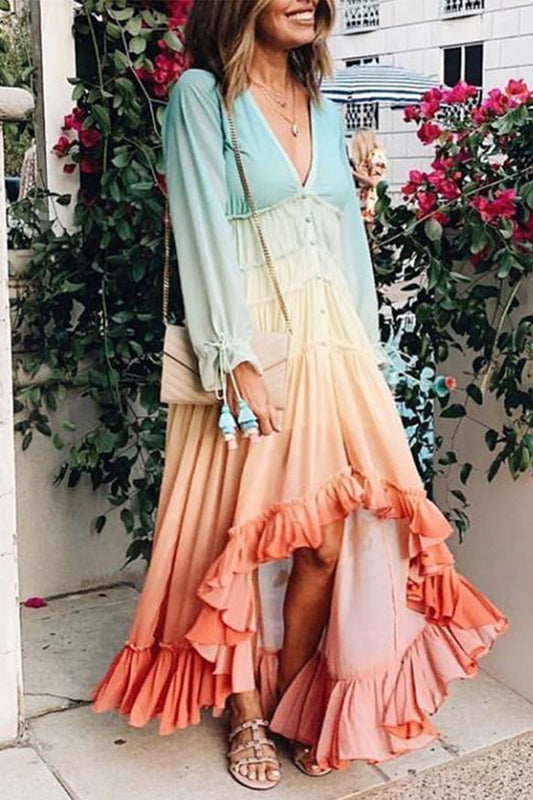 Elegante vestido estampado con cuello en V y frenillo de patchwork con cambio gradual