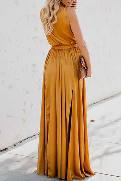 Elegante vestido liso de abertura alta con escote en V y sin mangas (3 colores)