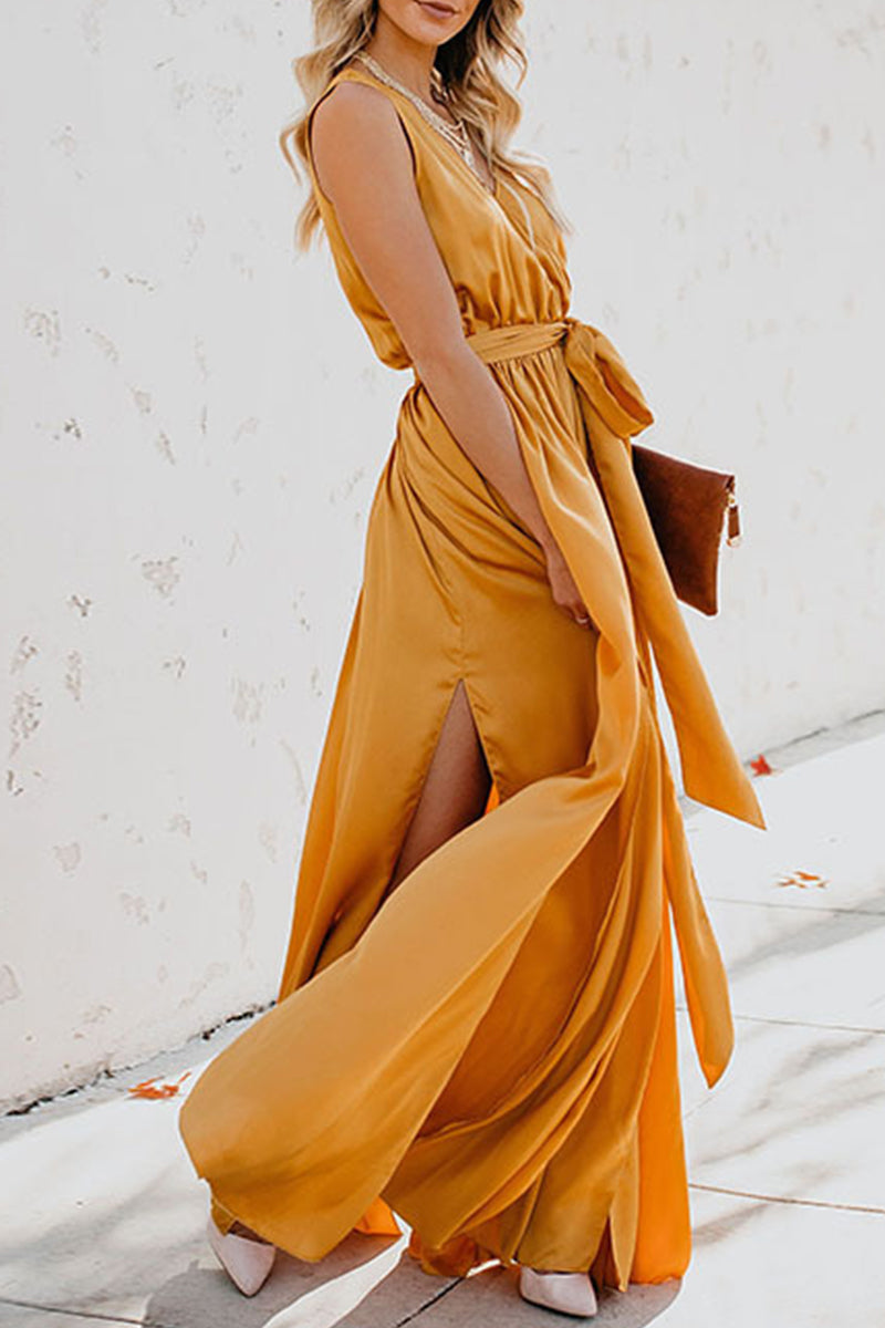 Elegante vestido liso de abertura alta con escote en V y sin mangas (3 colores)