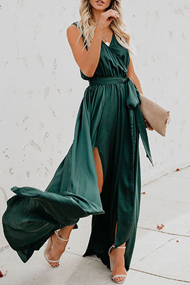 Elegante vestido liso de abertura alta con escote en V y sin mangas (3 colores)