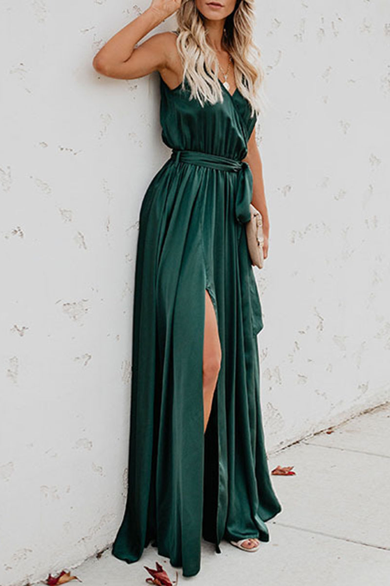 Elegante vestido liso de abertura alta con escote en V y sin mangas (3 colores)