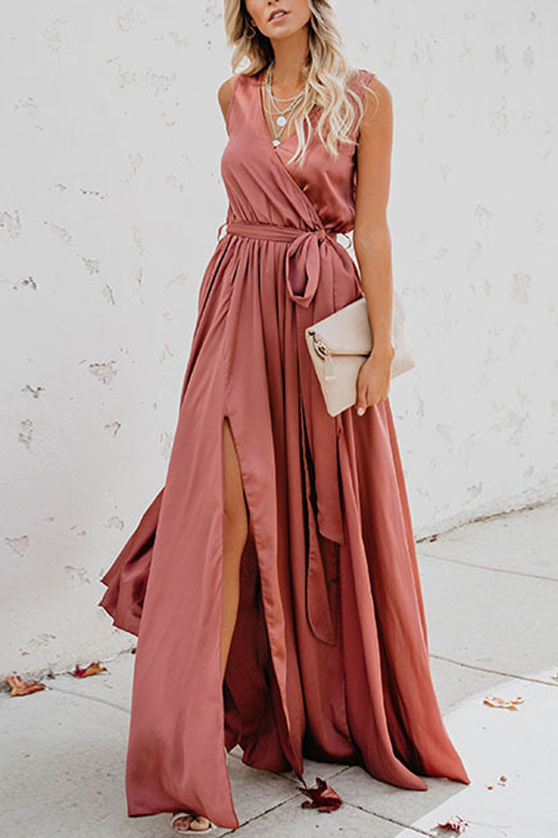 Elegante vestido liso de abertura alta con escote en V y sin mangas (3 colores)