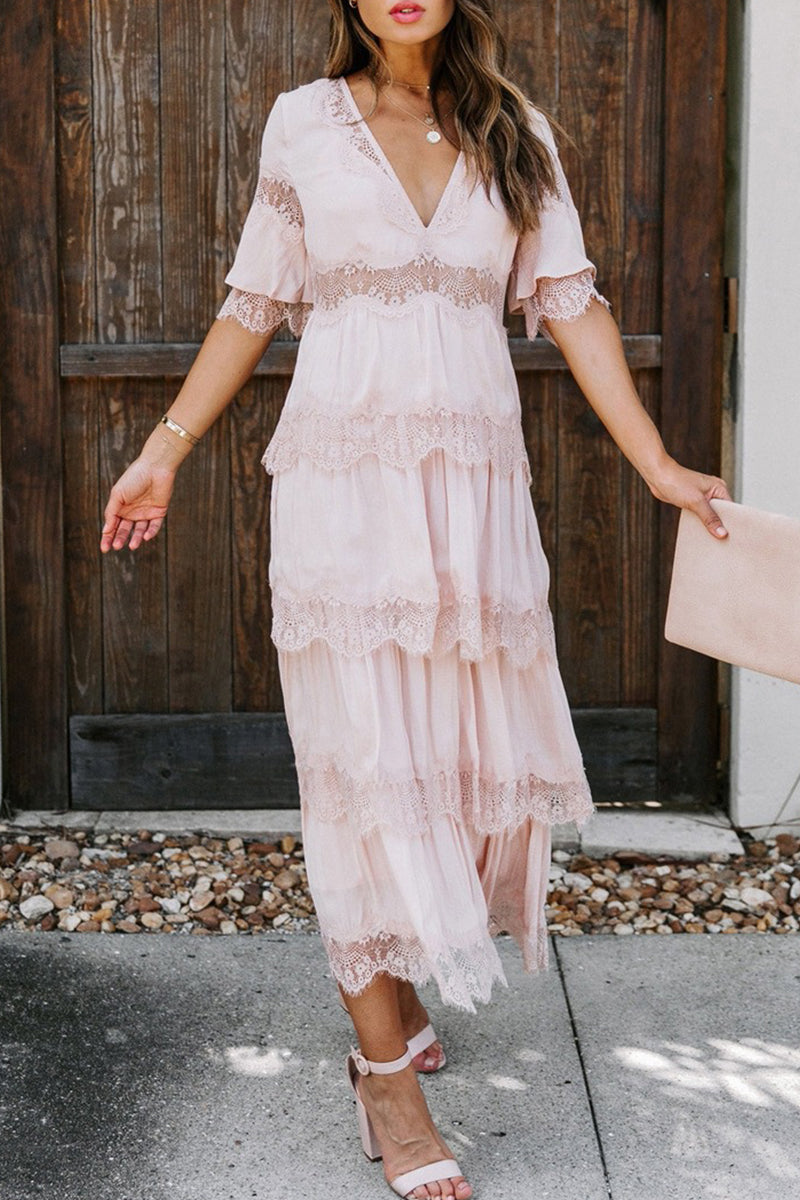 Elegante vestido de encaje liso con escote en V y falda pastel (3 colores)