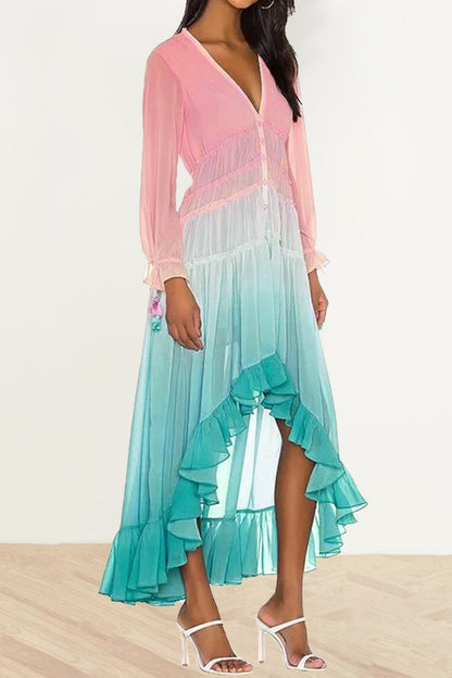 Elegante vestido estampado con cuello en V y frenillo de patchwork con cambio gradual