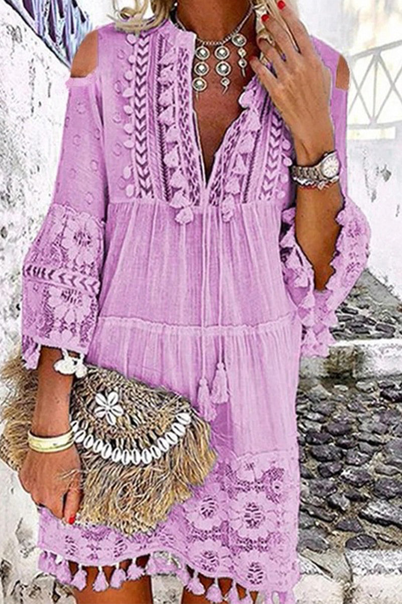 Vestido irregular con cuello en V, bordado y lazo, de patchwork dulce (8 colores)