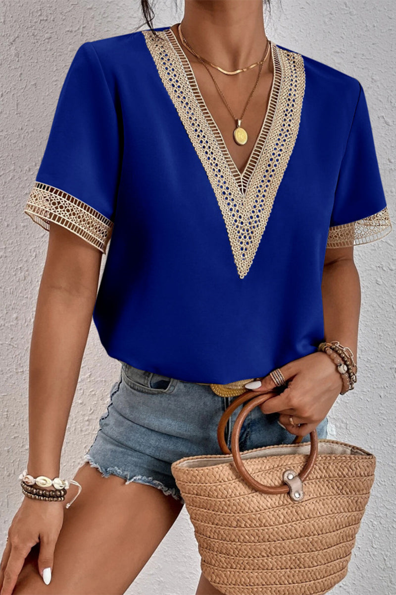 Tops casuales sencillos con cuello en V y parches lisos (8 colores)