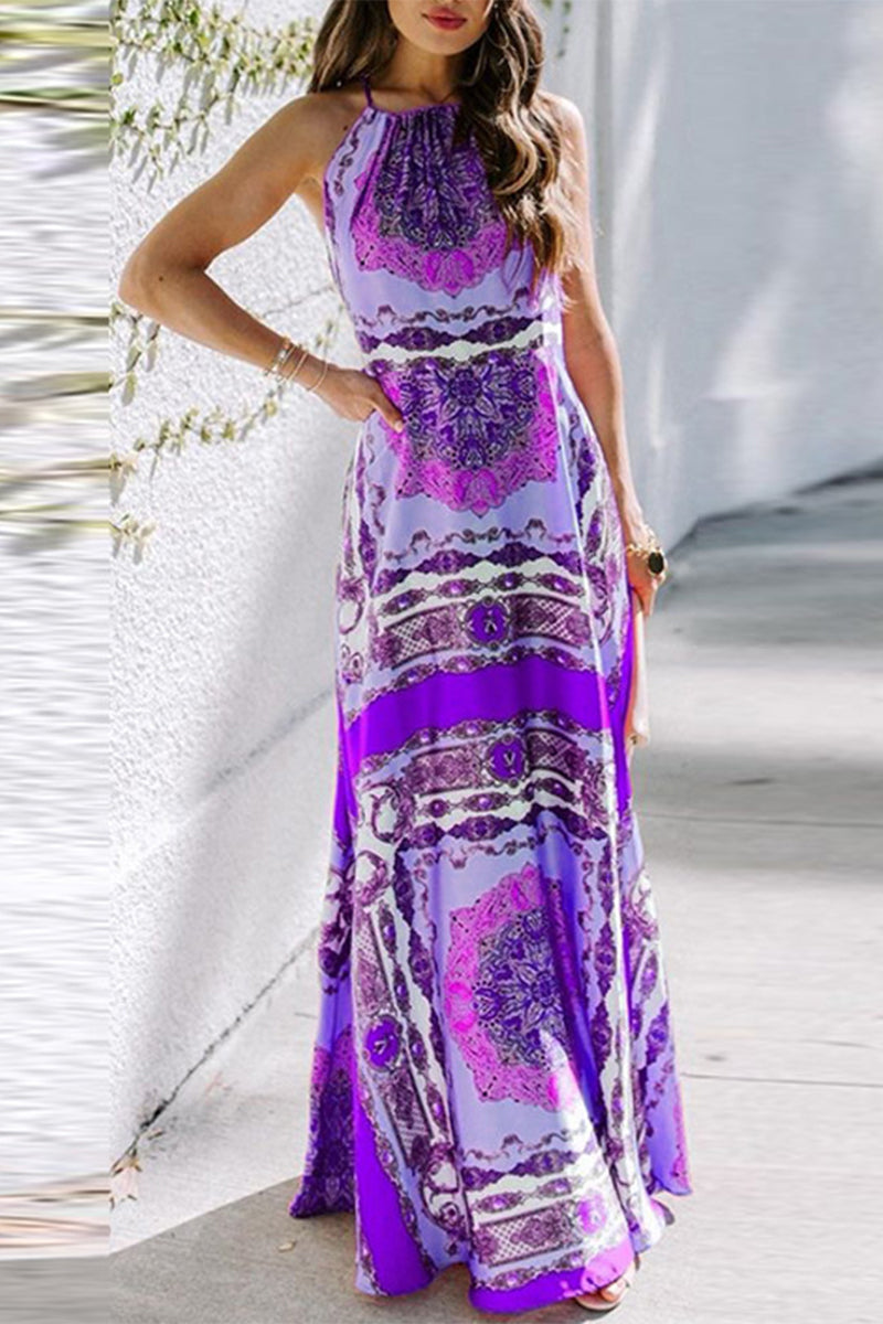 Vestidos de falda con cintura halter y patchwork con estampado de moda