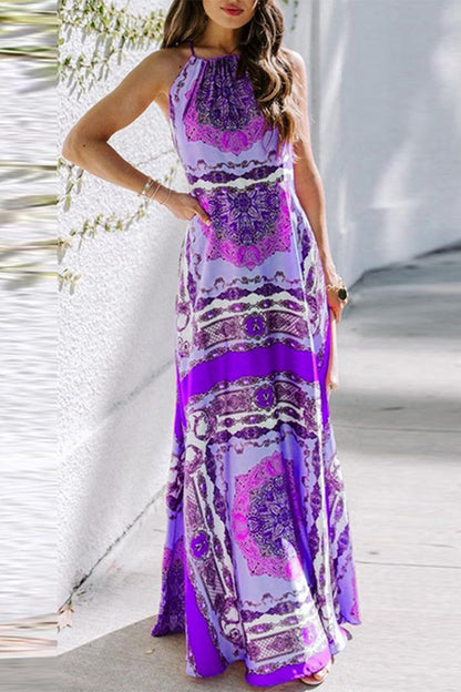 Vestidos de falda con cintura halter y patchwork con estampado de moda