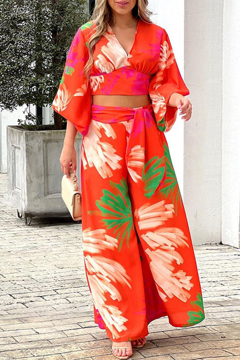 Conjunto de dos piezas con cuello en V, manga corta y estampado elegante (10 colores)