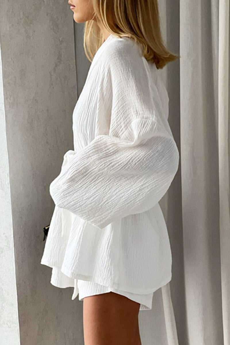 Conjunto informal de dos piezas con cuello en V, color liso y frenillo