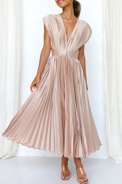 Vestidos plisados sexys y sencillos con escote en V y cremallera en el frenillo (3 colores)