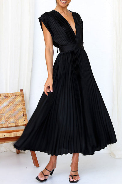 Vestidos plisados sexys y sencillos con escote en V y cremallera en el frenillo (3 colores)