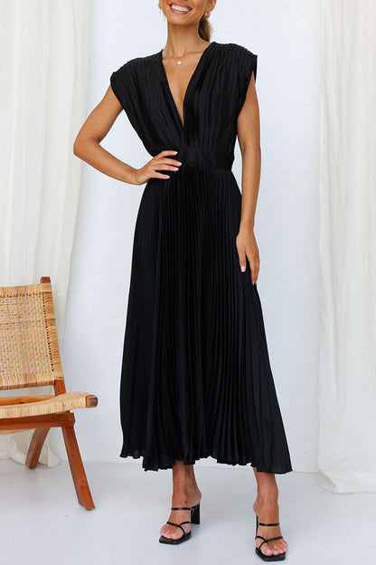 Vestidos plisados sexys y sencillos con escote en V y cremallera en el frenillo (3 colores)