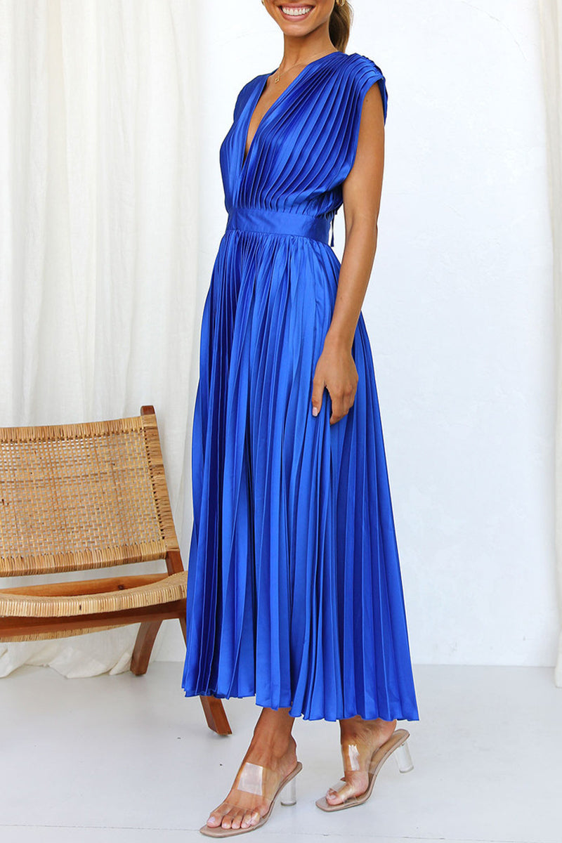 Vestidos plisados sexys y sencillos con escote en V y cremallera en el frenillo (3 colores)