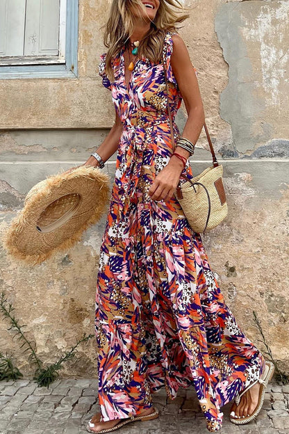 Vestido elegante y dulce con cuello en V, sin mangas y estampado de patchwork