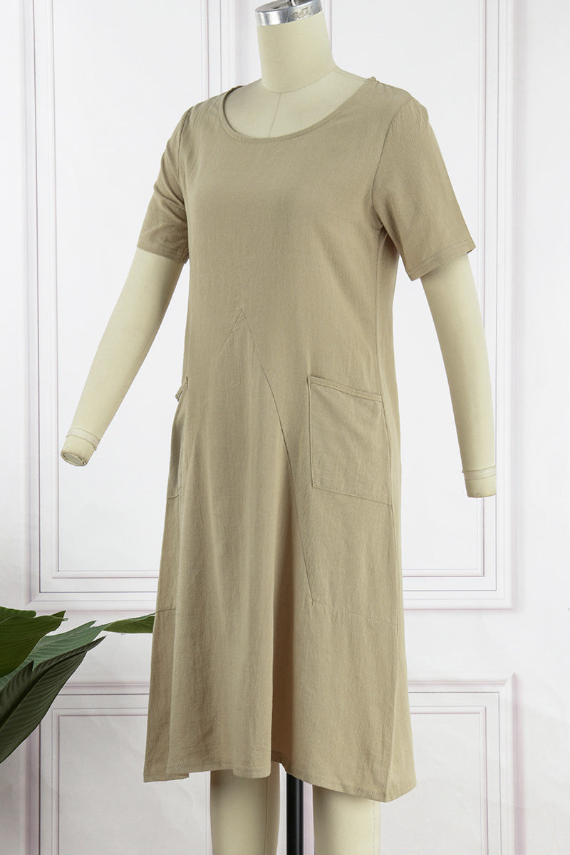 Vestido informal sencillo de manga corta con cuello redondo y bolsillos lisos (4 colores)