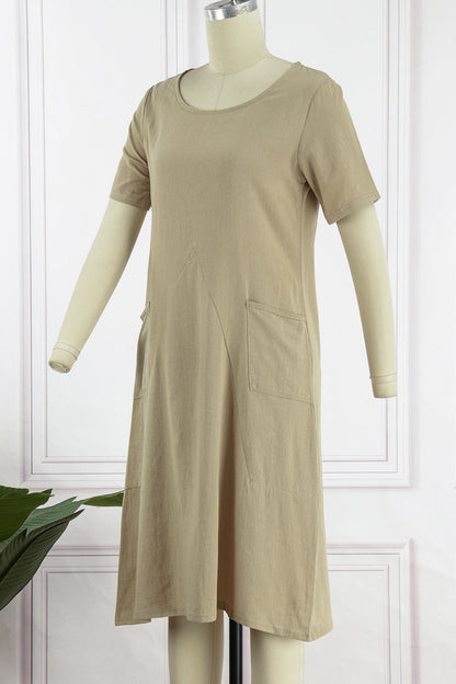 Vestido informal sencillo de manga corta con cuello redondo y bolsillos lisos (4 colores)