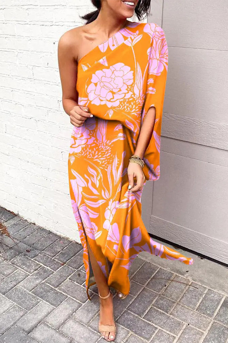 Vestido informal de vacaciones con estampado de patchwork y cuello oblicuo irregular (16 colores)