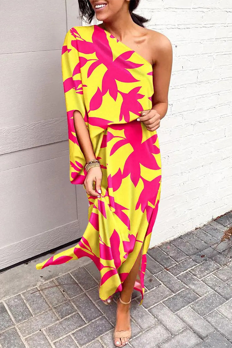 Vestido informal de vacaciones con estampado de patchwork y cuello oblicuo irregular (16 colores)