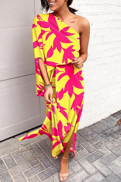 Vestido informal de vacaciones con estampado de patchwork y cuello oblicuo irregular (16 colores)