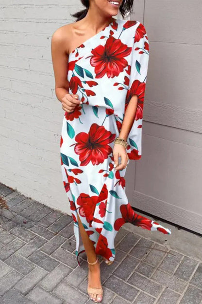 Vestido informal de vacaciones con estampado de patchwork y cuello oblicuo irregular (16 colores)