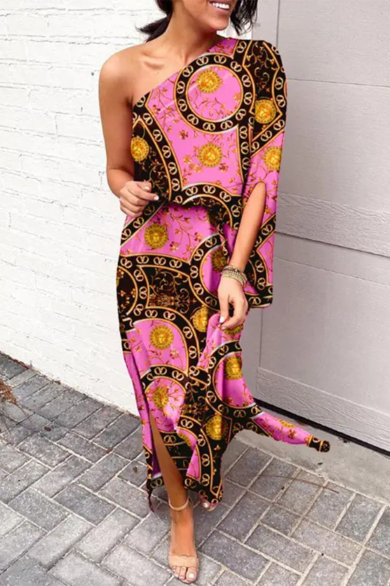 Vestido informal de vacaciones con estampado de patchwork y cuello oblicuo irregular (16 colores)