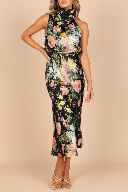 Vestidos elegantes de celebridades con patchwork floral y corte A con cuello halter