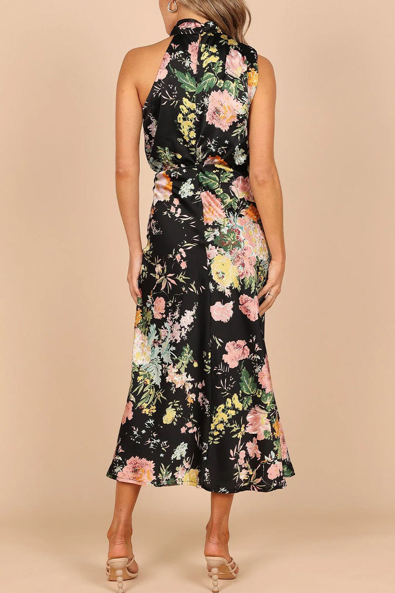 Vestidos elegantes de celebridades con patchwork floral y corte A con cuello halter