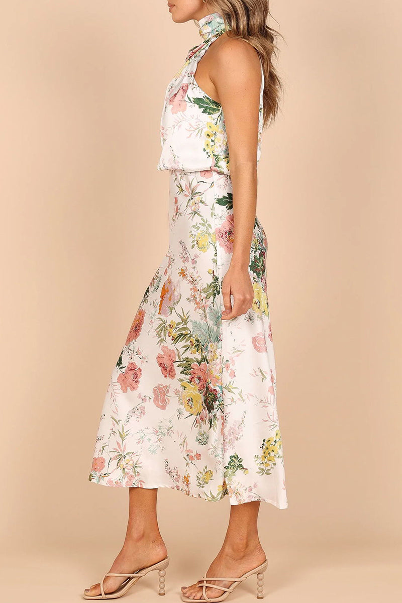 Vestidos elegantes de celebridades con patchwork floral y corte A con cuello halter
