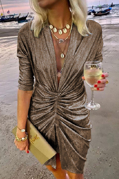 Vestidos elegantes de celebridades con escote en V, línea A y pliegues lisos (4 colores)