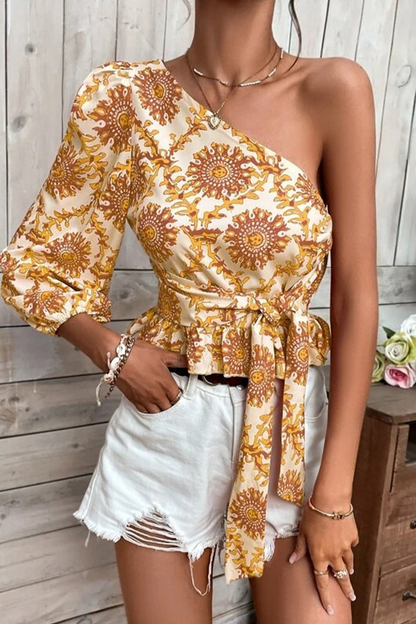 Elegante blusa de cuello oblicuo con estampado de patchwork sin posicionamiento para vacaciones (4 colores)