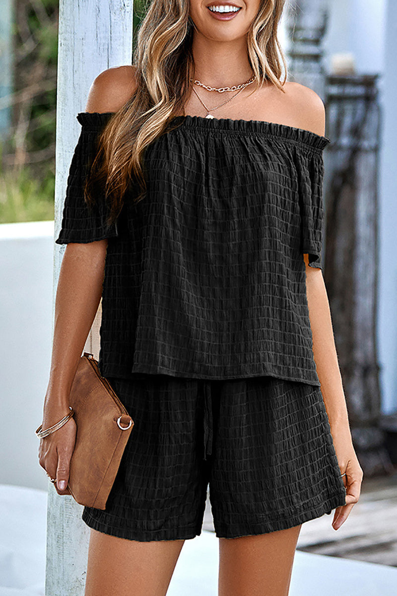 Conjunto informal de dos piezas de manga corta con hombros descubiertos, liso y diario (3 colores)