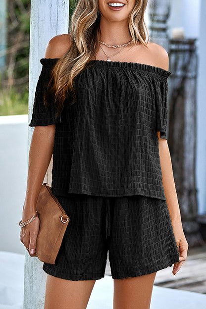 Conjunto informal de dos piezas de manga corta con hombros descubiertos, liso y diario (3 colores)