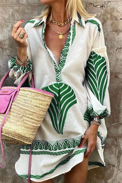 Vestido camisero informal de cuello en V con diseño de patchwork y tótem nacional para vacaciones