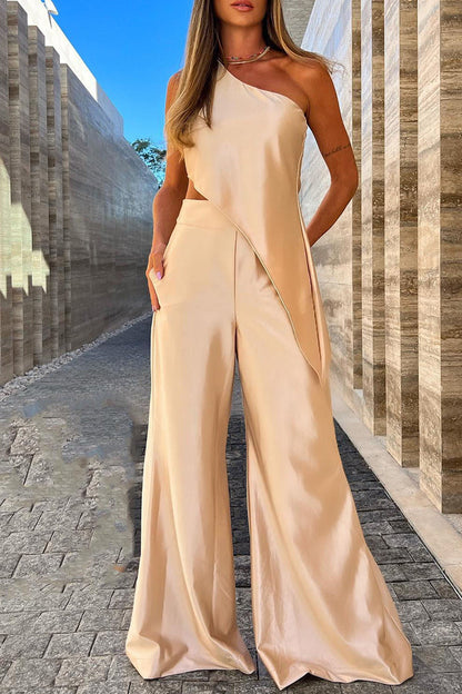 Conjunto informal de dos piezas sin mangas con cuello oblicuo y parches lisos para vacaciones (6 colores)