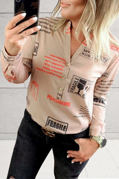 Blusas casuales con cuello en V, estampado de letras y patchwork (3 colores)