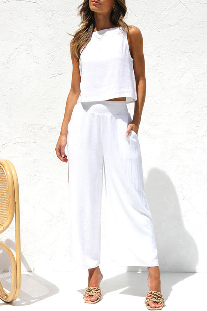 Conjunto informal de dos piezas con cuello redondo, sin mangas y hebilla sólida para calle