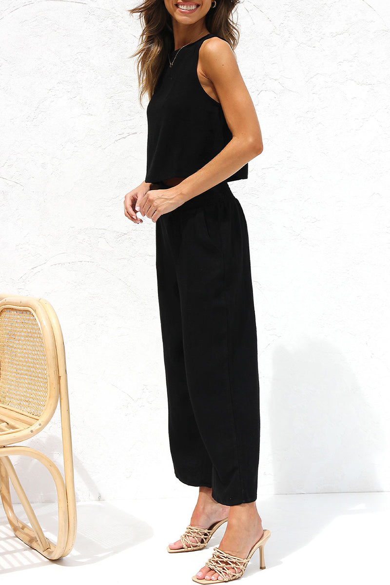 Conjunto informal de dos piezas con cuello redondo, sin mangas y hebilla sólida para calle