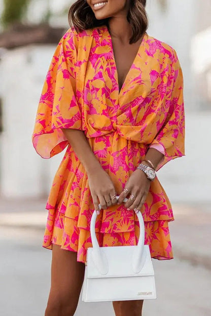 Vestidos plisados elegantes con cuello en V y patchwork floral (9 colores)