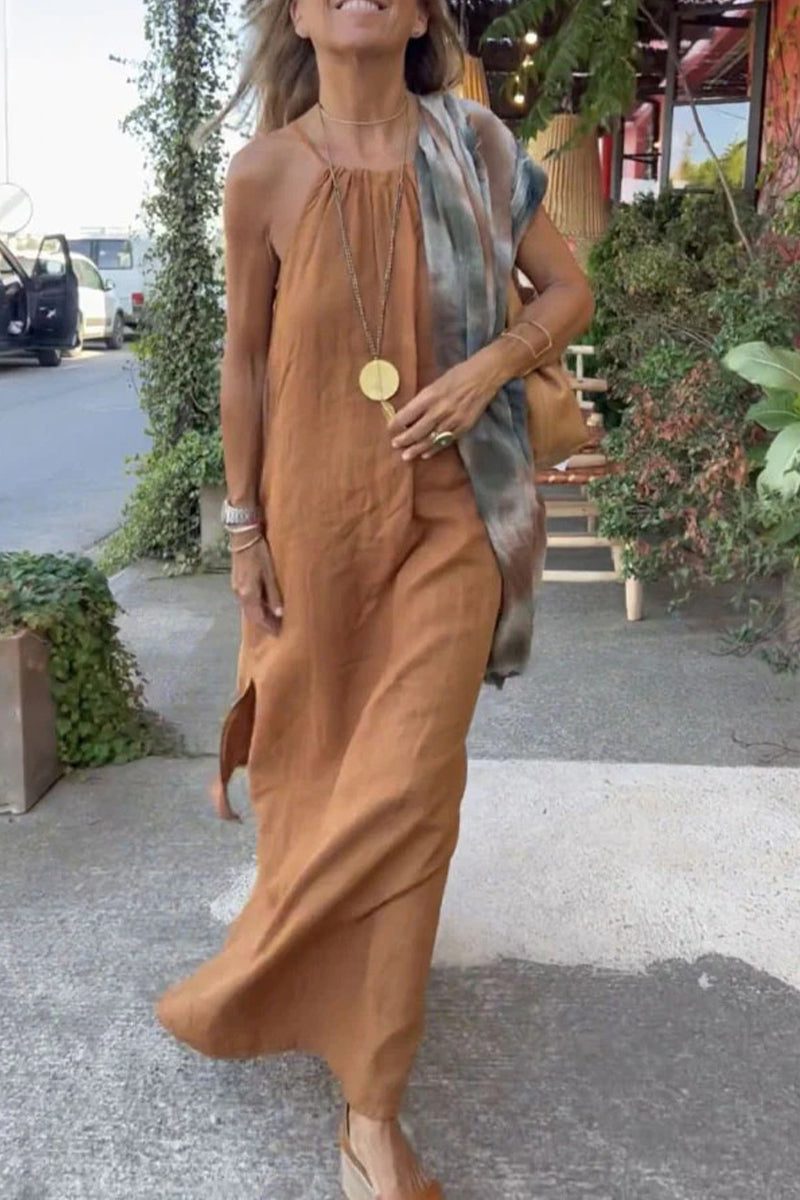 Vestidos casuales universitarios lisos con cuello halter y corte recto (3 colores)