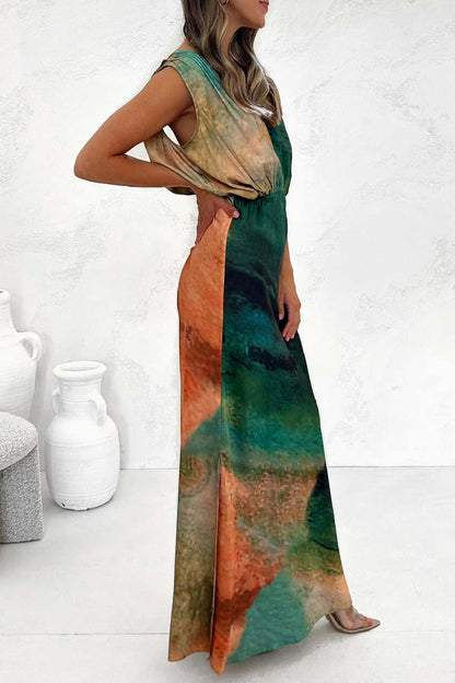 Vestidos casuales de vacaciones con efecto tie-dye, escote en V y espalda descubierta