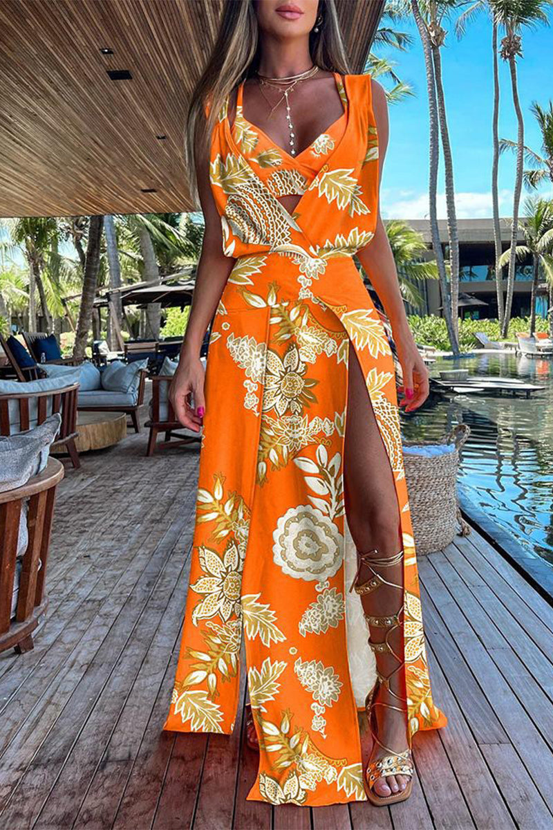 Conjunto informal de dos piezas con cuello en V, sin mangas y estampado de patchwork y frenillo